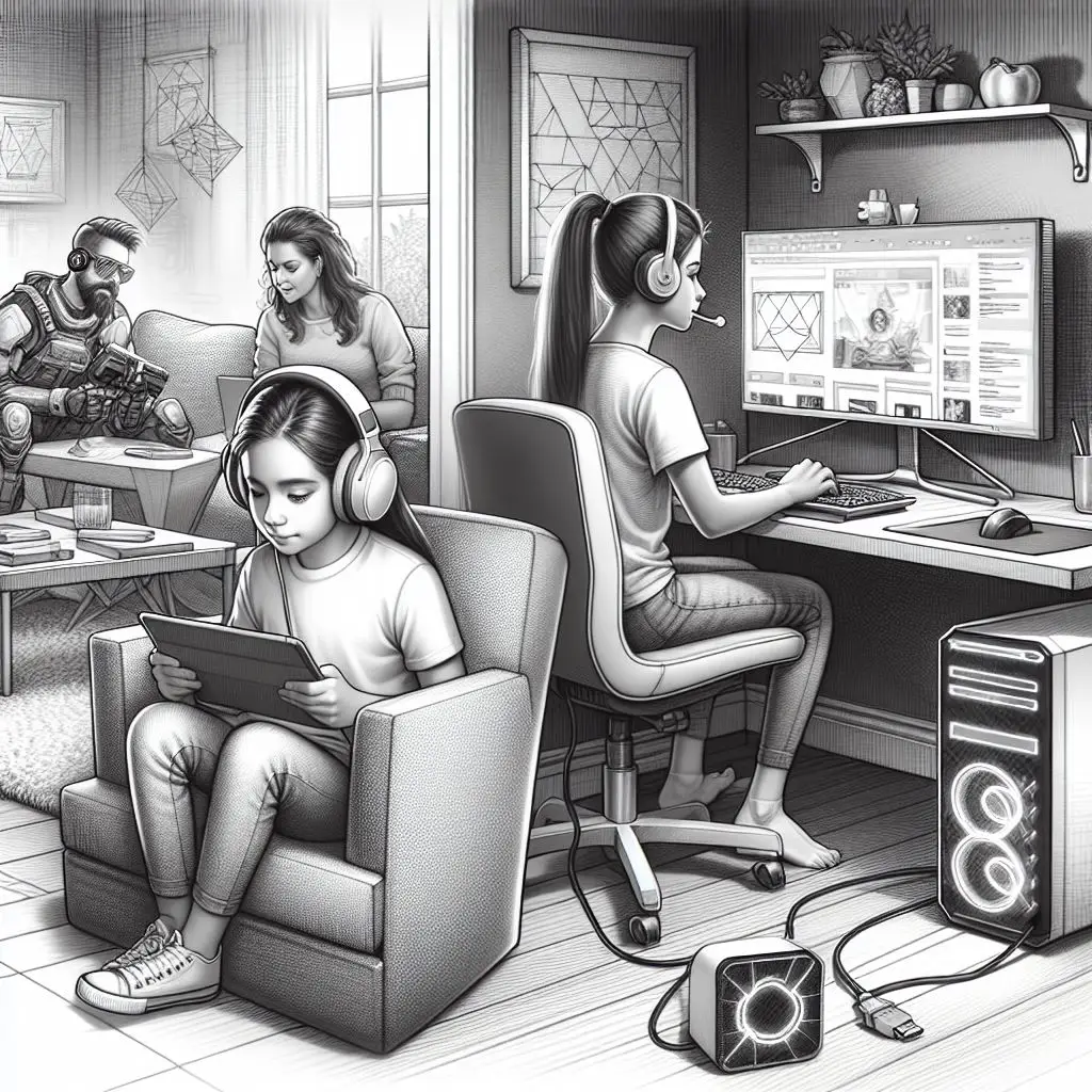 A family using phones, tablets, and computers around the home