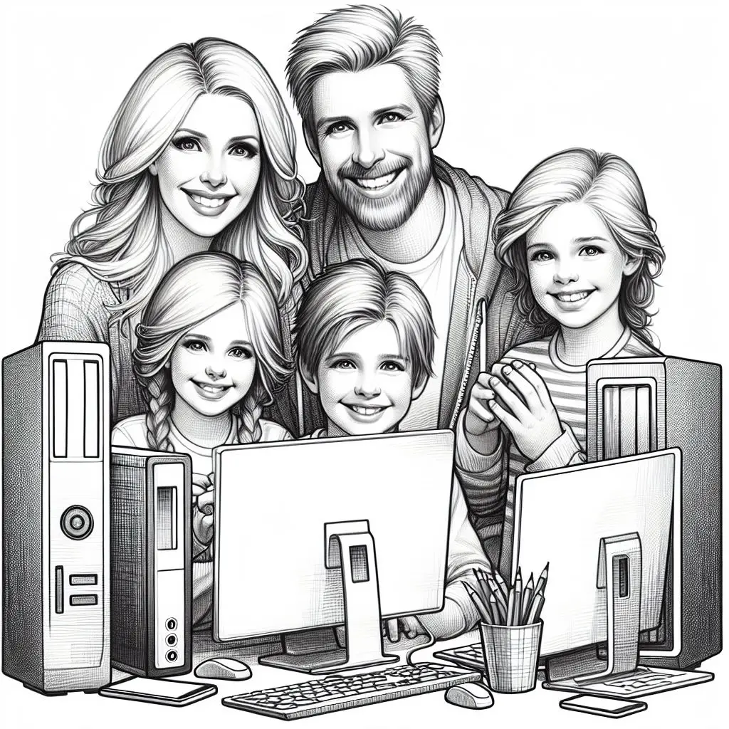A happy family confidently using their technology together