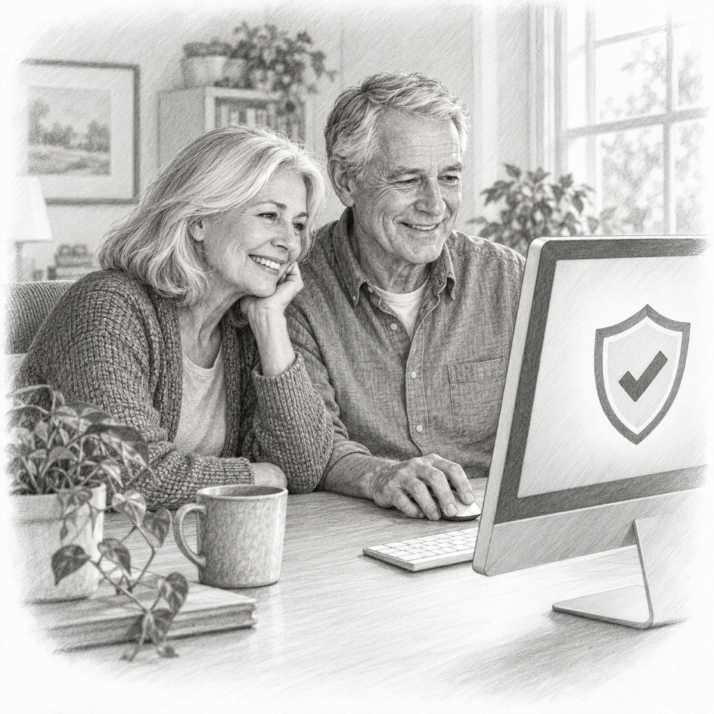 A happy couple feeling confident and safe with their computer